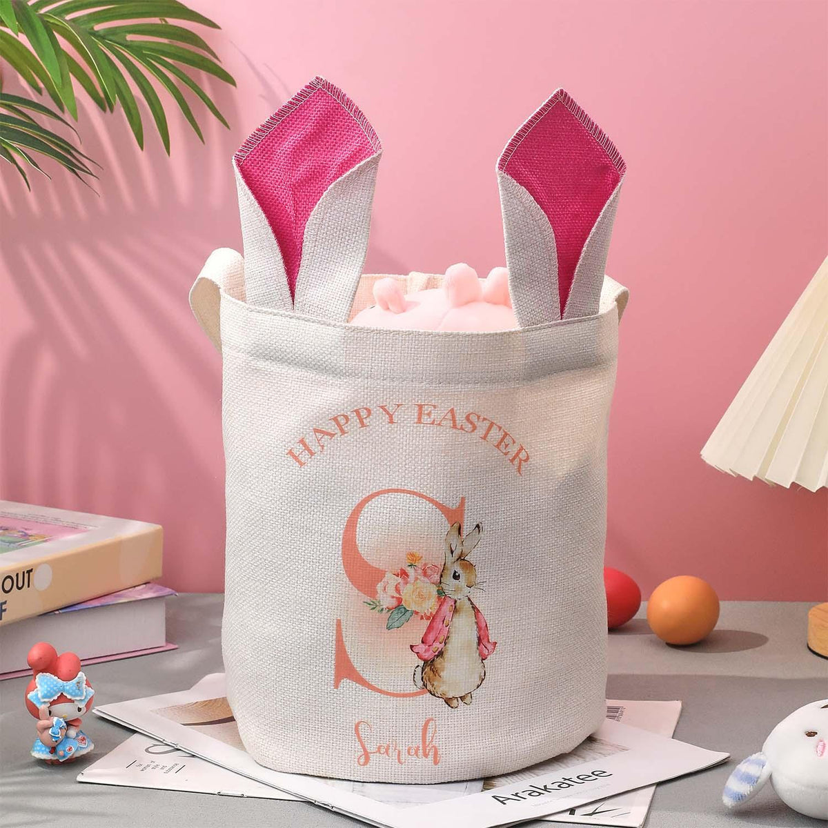 Personalized Cute Peter Rabbit Bunny Ears Bucket Bag with Initial and Name Easter Egg Hunt Basket Birthday Party Favors Gift for Kids