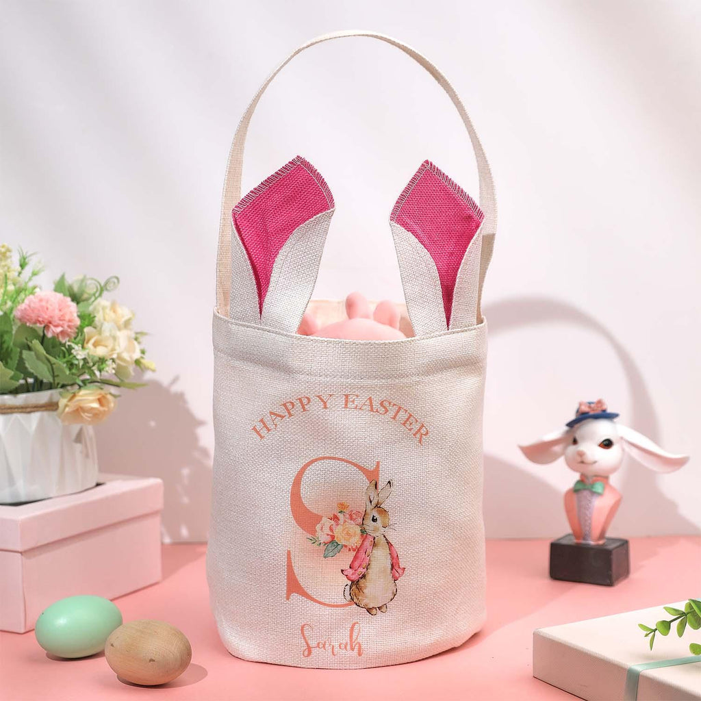 Personalized Cute Peter Rabbit Bunny Ears Bucket Bag with Initial and Name Easter Egg Hunt Basket Birthday Party Favors Gift for Kids