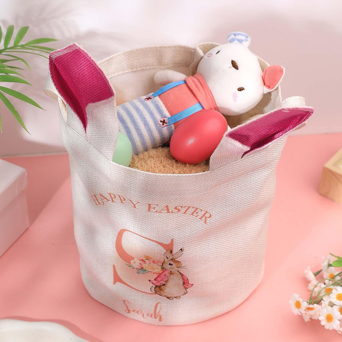 Personalized Cute Peter Rabbit Bunny Ears Bucket Bag with Initial and Name Easter Egg Hunt Basket Birthday Party Favors Gift for Kids