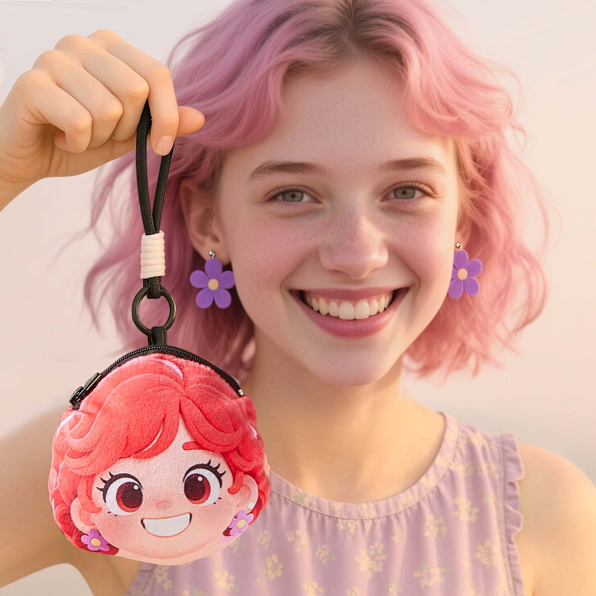 Custom Emoji Earphone Bag - Turn Your Photo Into Emoji Personalized Emoji Small Earphone bag with Zipper and Lanyard Coin Purse
