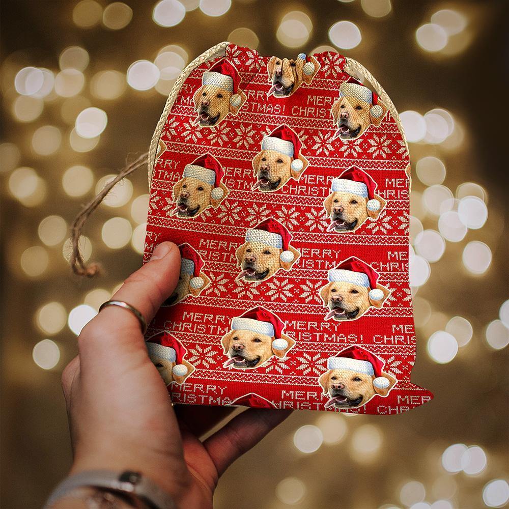Custom Photo Face Drawstring Sack Wrapped Christmas Gifts for Pet Dog