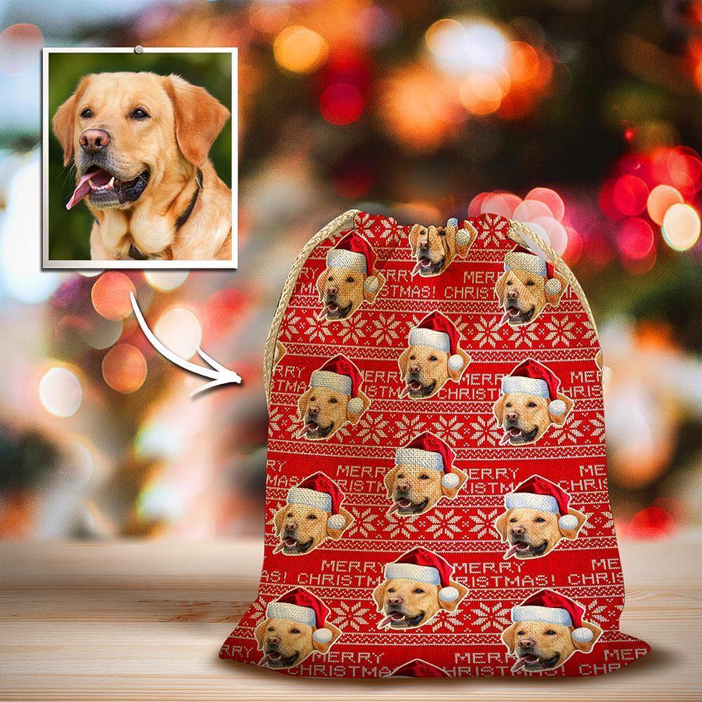 Custom Photo Face Drawstring Sack Wrapped Christmas Gifts for Pet Dog