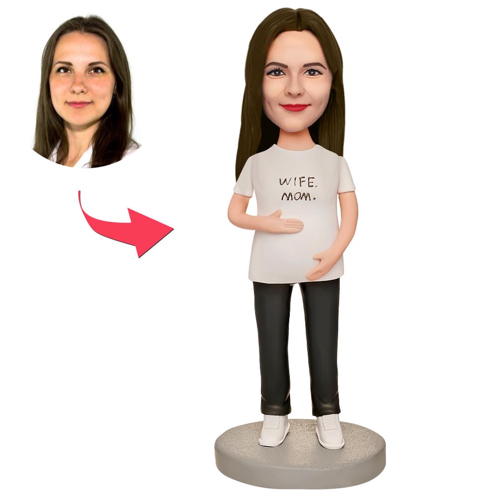 Mother's Day Gift Pregnant Woman in White T-shirt Custom Bobblehead with Engraved Text