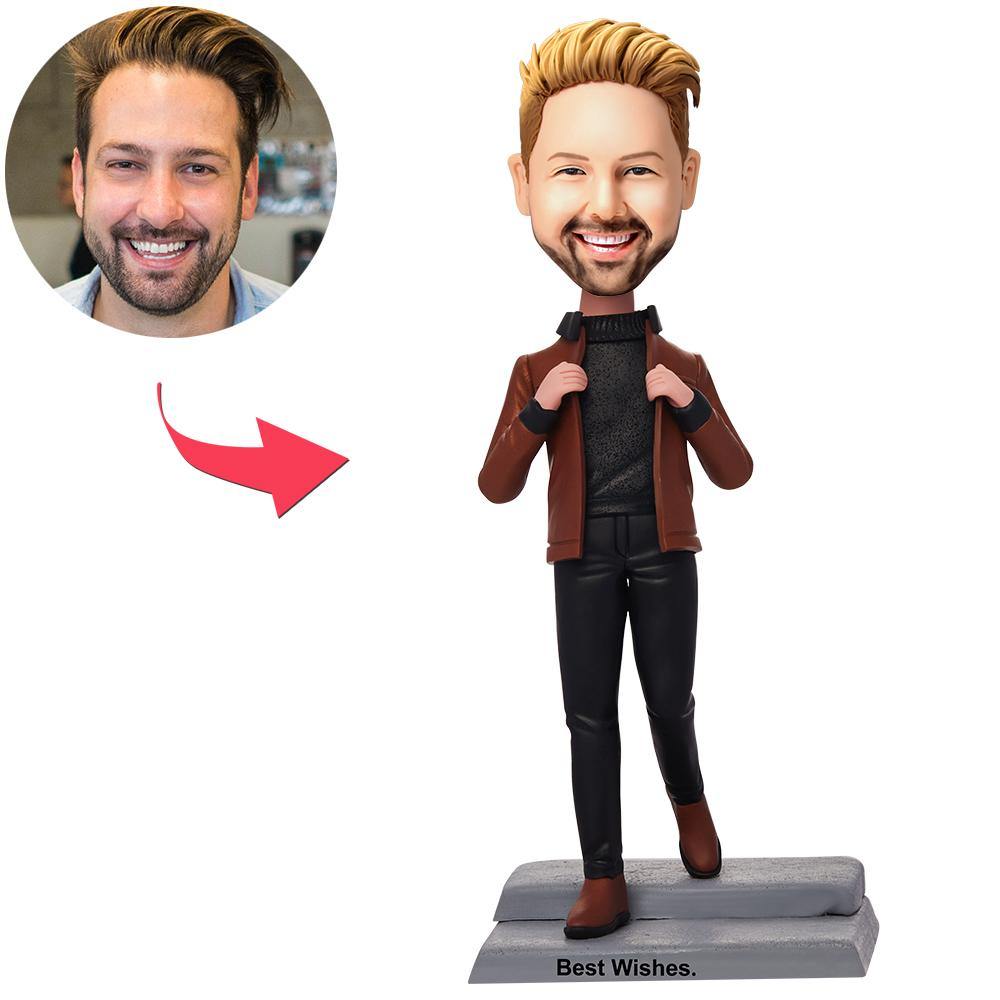 Casual Man In Brown Jacket Custom Bobblehead With Engraved Text