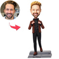 Casual Man In Brown Jacket Custom Bobblehead With Engraved Text