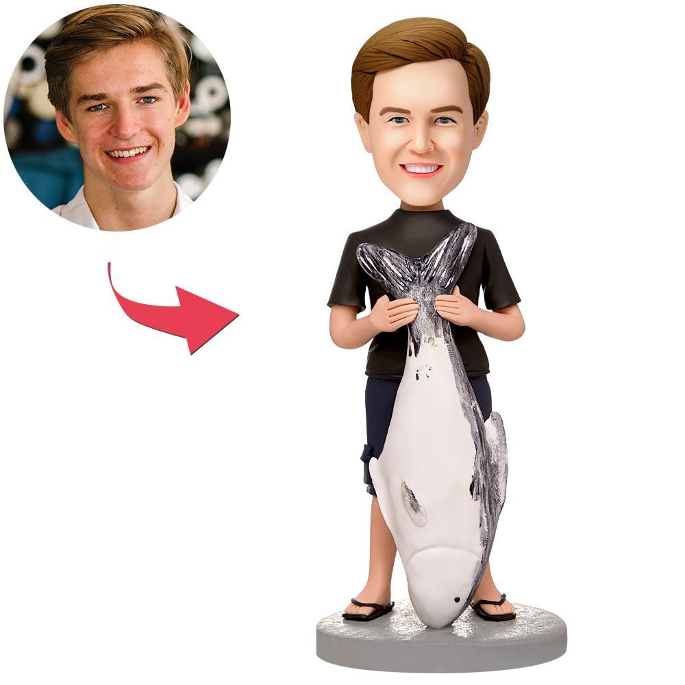 Fishing Man With Big Fish Custom Bobblehead And Engraved Text