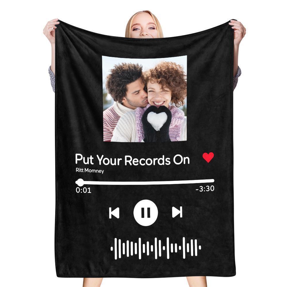 Scannable Music Code Photo Engraved Black Blanket Warm Thicken Blanket Optional Thickness Cozy Winter Warm Gift for Couple