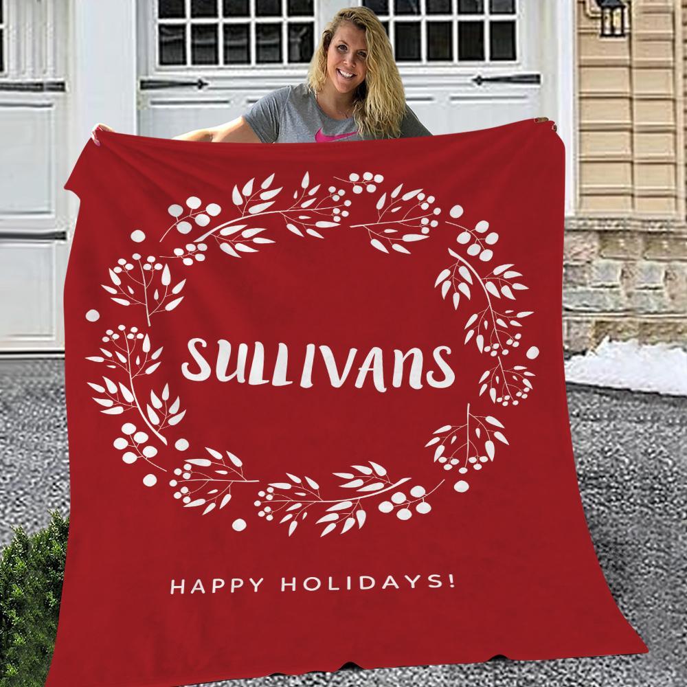Custom Christmas Wreath Blanket with Family Name