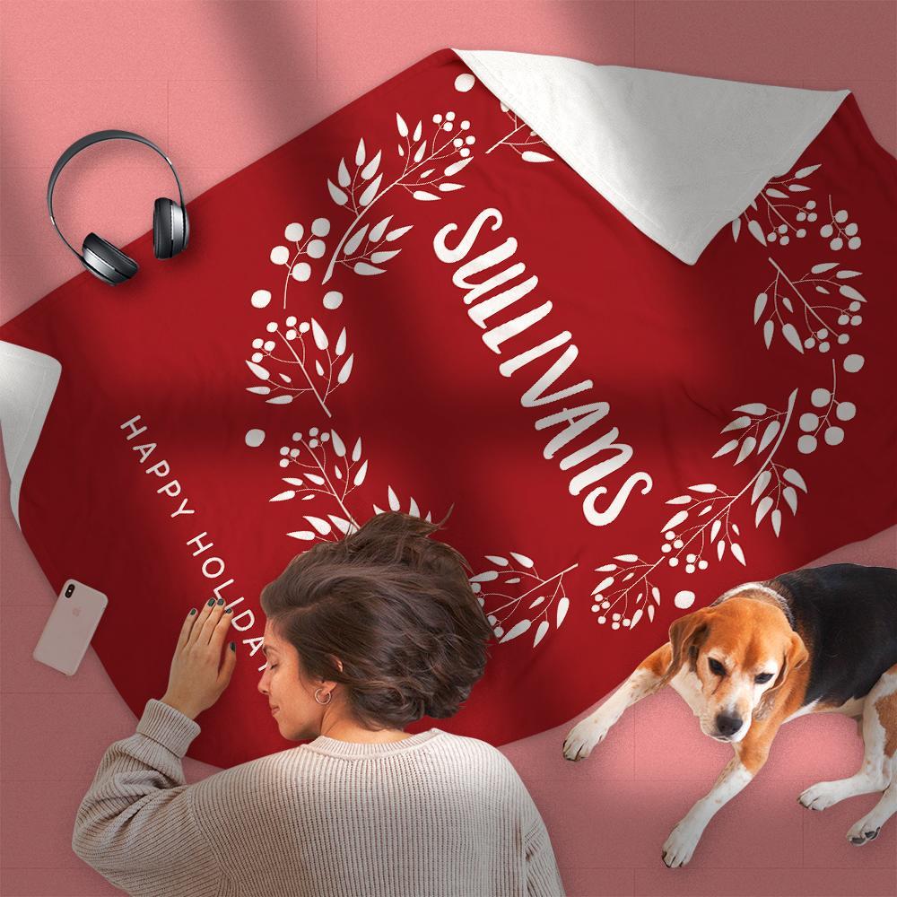 Custom Christmas Wreath Blanket with Family Name