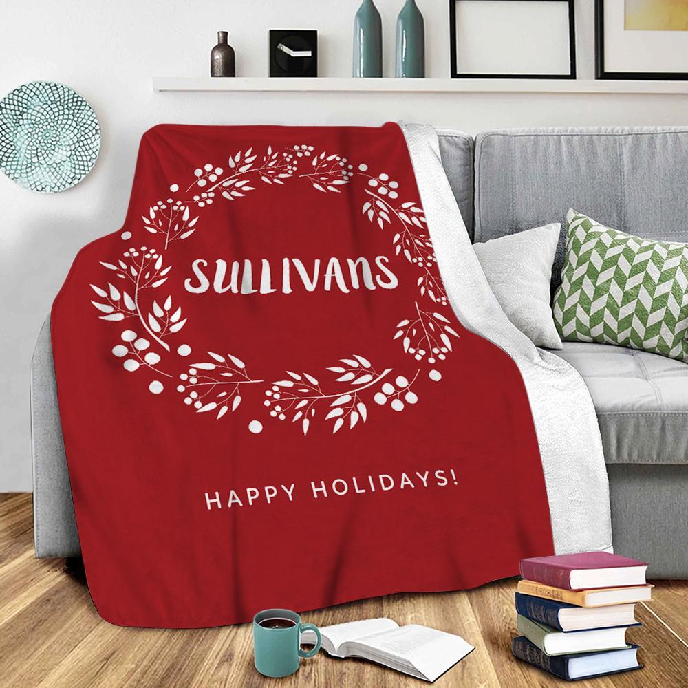 Custom Christmas Wreath Blanket with Family Name