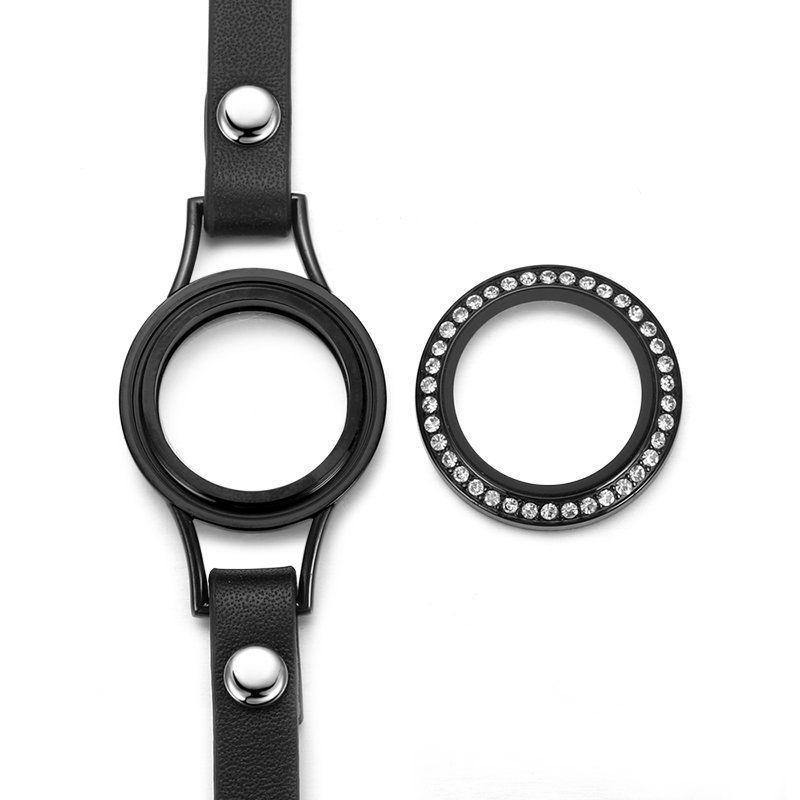 Black Leather Locket Bracelet with Crystal