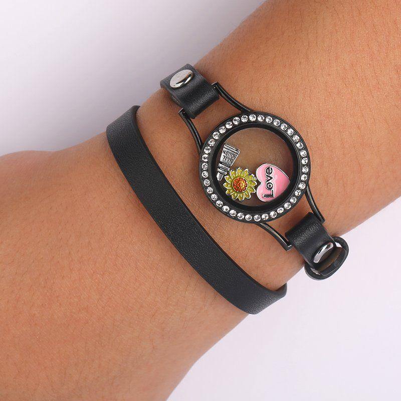 Black Leather Locket Bracelet with Crystal