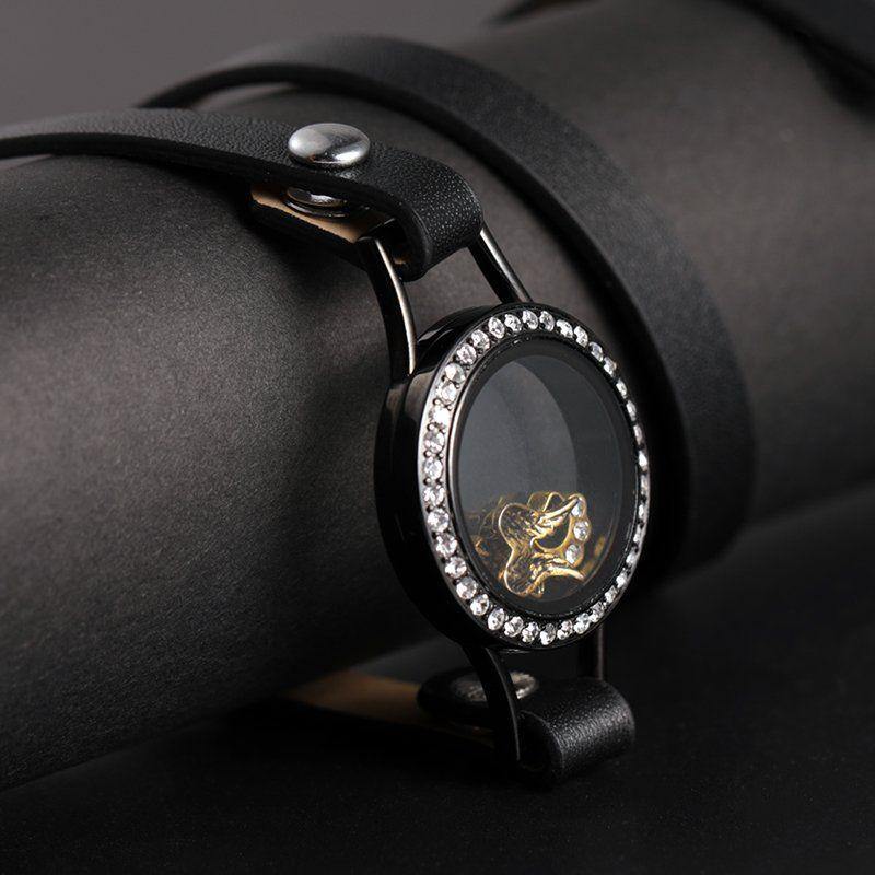 Black Leather Locket Bracelet with Crystal