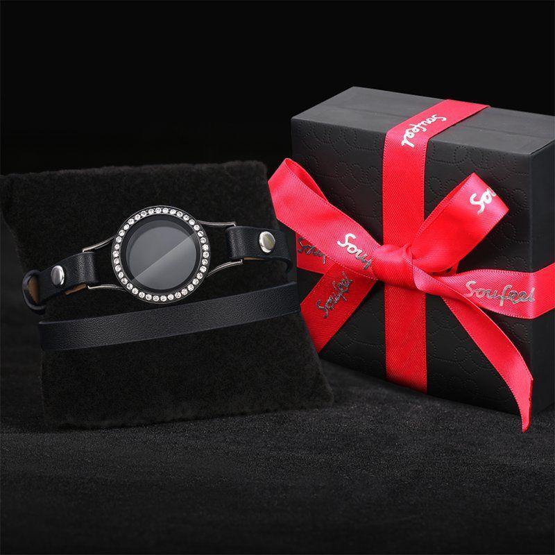 Black Leather Locket Bracelet with Crystal