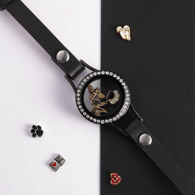 Black Leather Locket Bracelet with Crystal