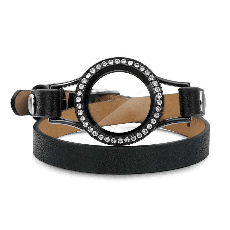 Black Leather Locket Bracelet with Crystal