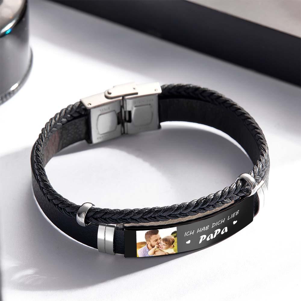 Personalized Photo Leather Bracelet With Text Braided Bangle Father's Day Gifts