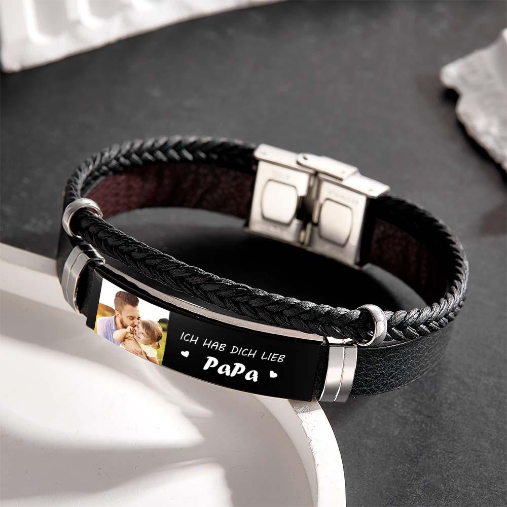 Personalized Photo Leather Bracelet With Text Braided Bangle Father's Day Gifts