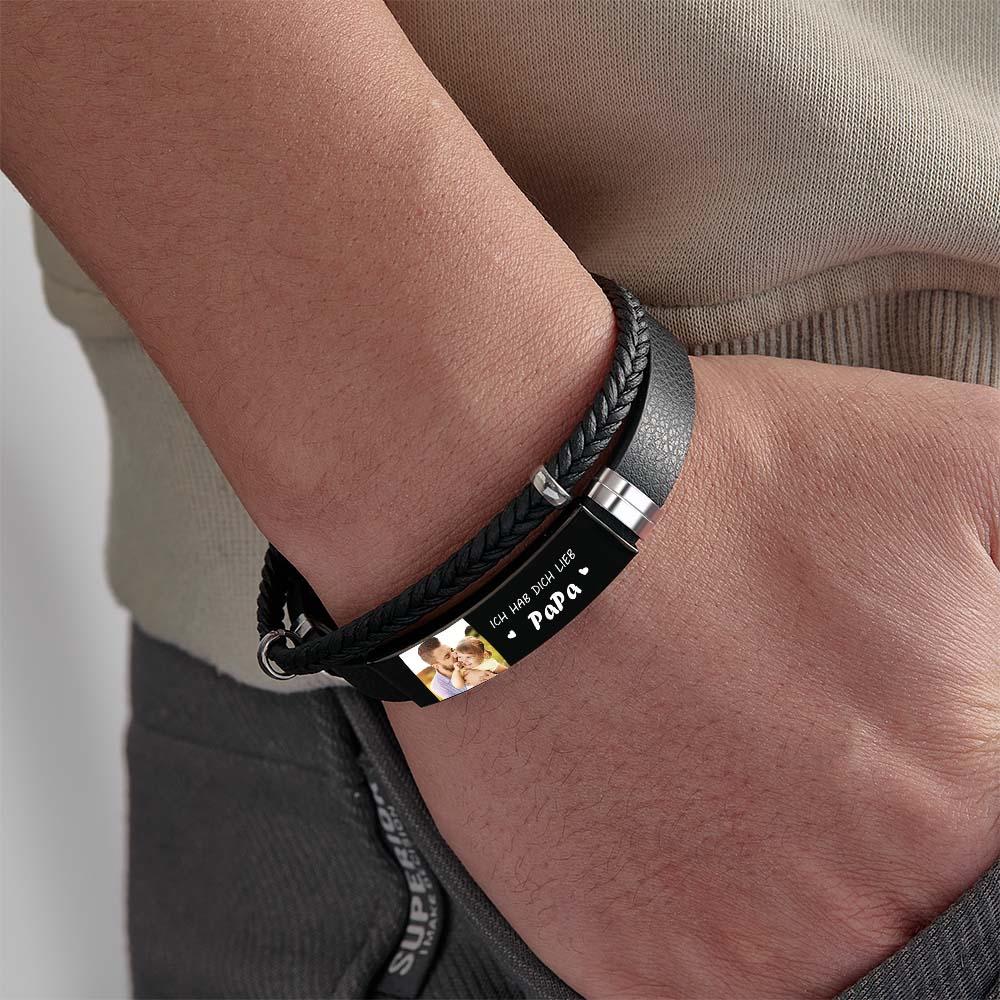 Personalized Photo Leather Bracelet With Text Braided Bangle Father's Day Gifts