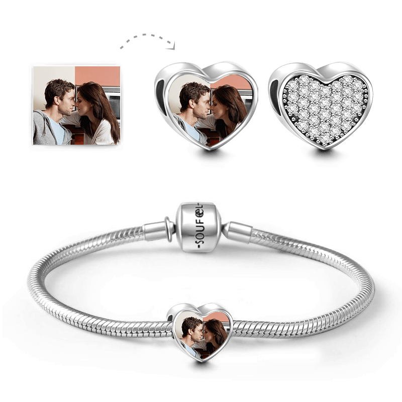 Soufeel Snake Chain Bracelet with Pave CZ Heart Photo Charm Silver