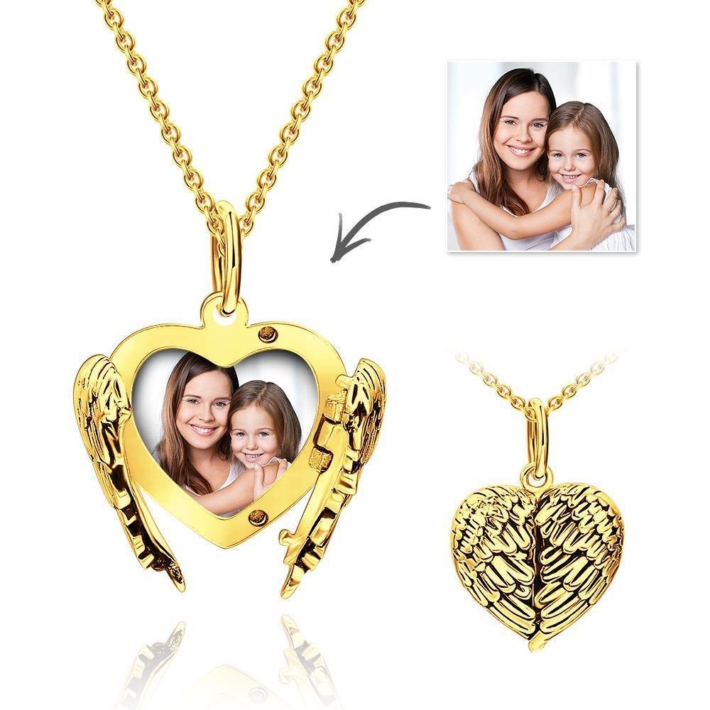 Engravable Photo Locket Necklace Heart Angel Wings Mother's Day Gifts Gold Plated Silver