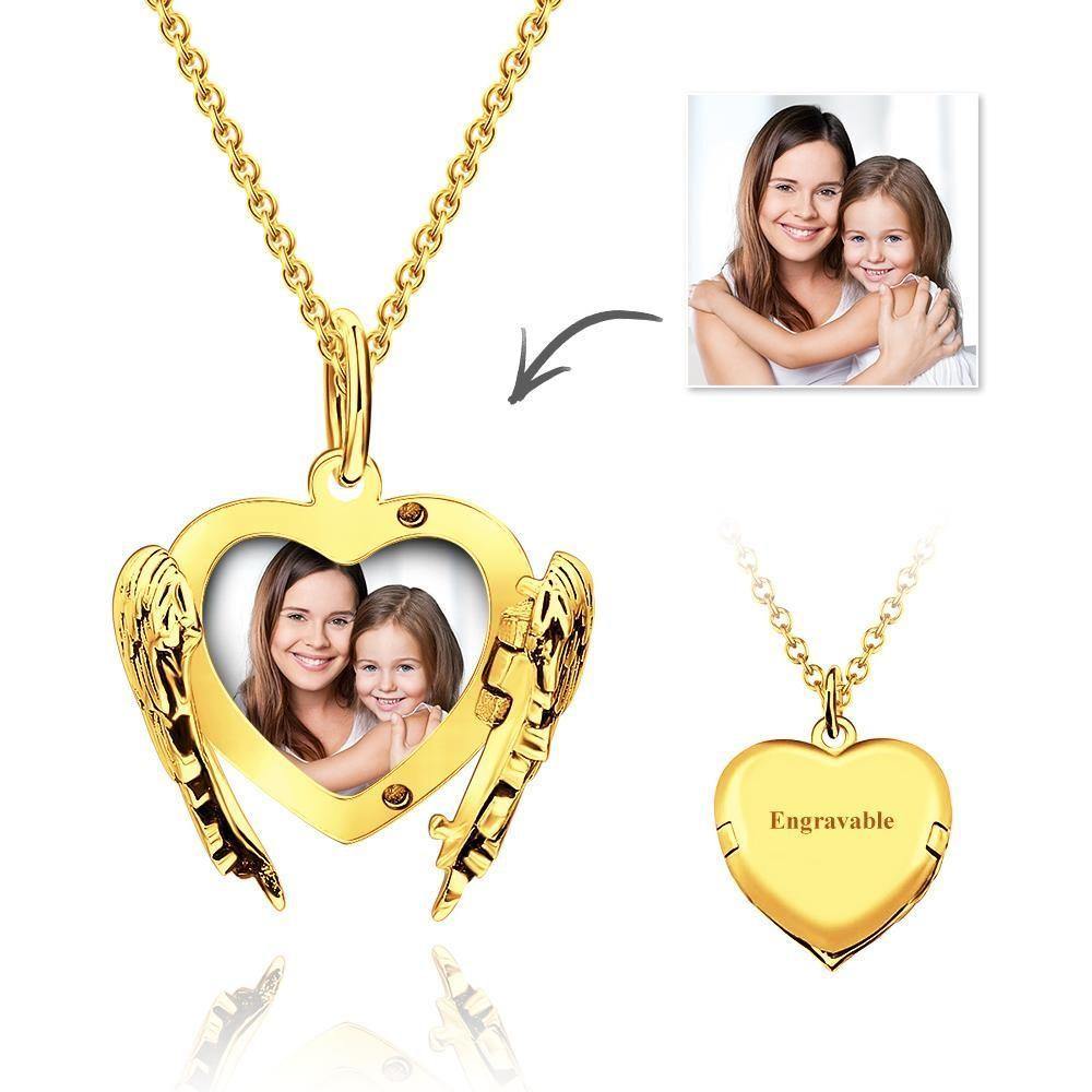 Engravable Photo Locket Necklace Heart Angel Wings Mother's Day Gifts Gold Plated Silver