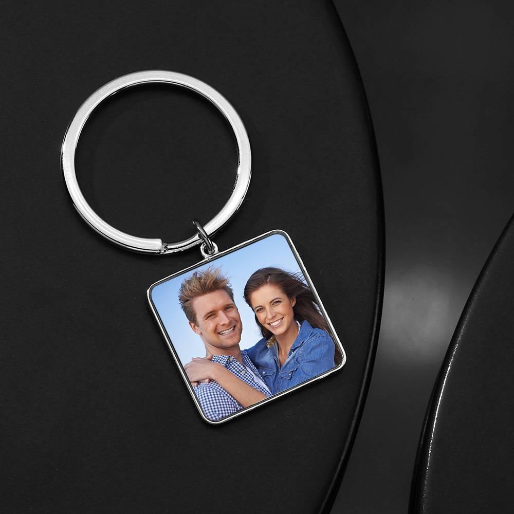 Engraved Square Tag Photo Key Chain Silver
