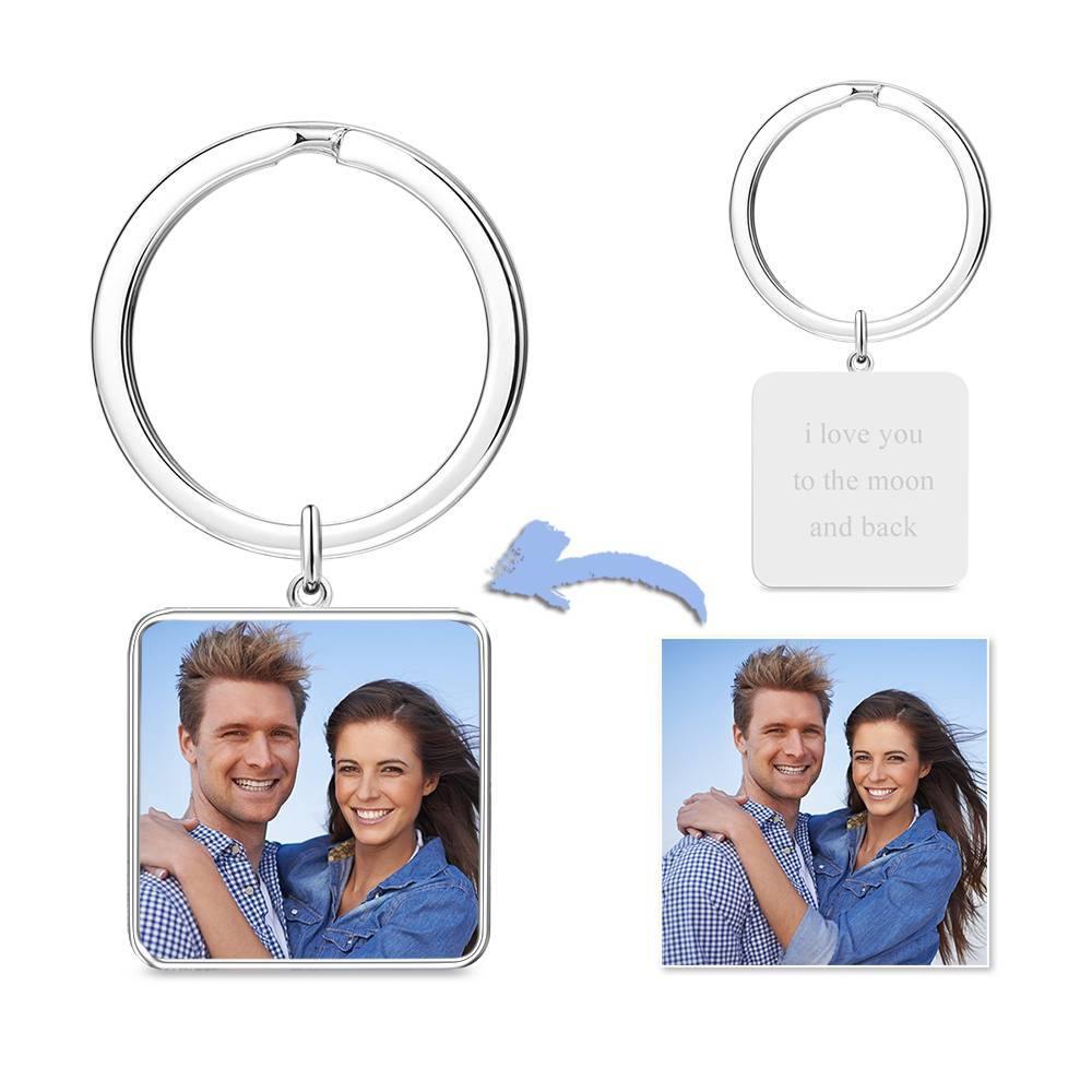 Engraved Square Tag Photo Key Chain Silver