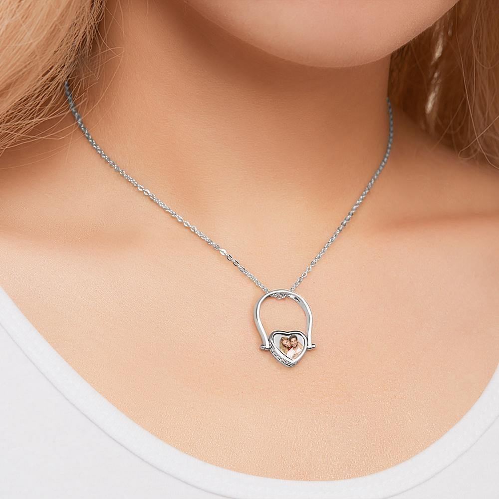 Photo Necklace, Photo Ring Heart-shaped Couple's Gifts Dual-use (Ring Size 5#) Silver