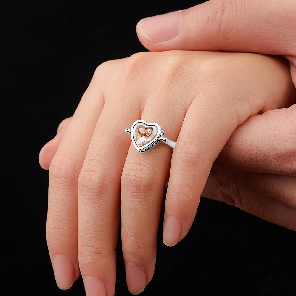 Photo Necklace, Photo Ring Heart-shaped Couple's Gifts Dual-use (Ring Size 5#) Silver
