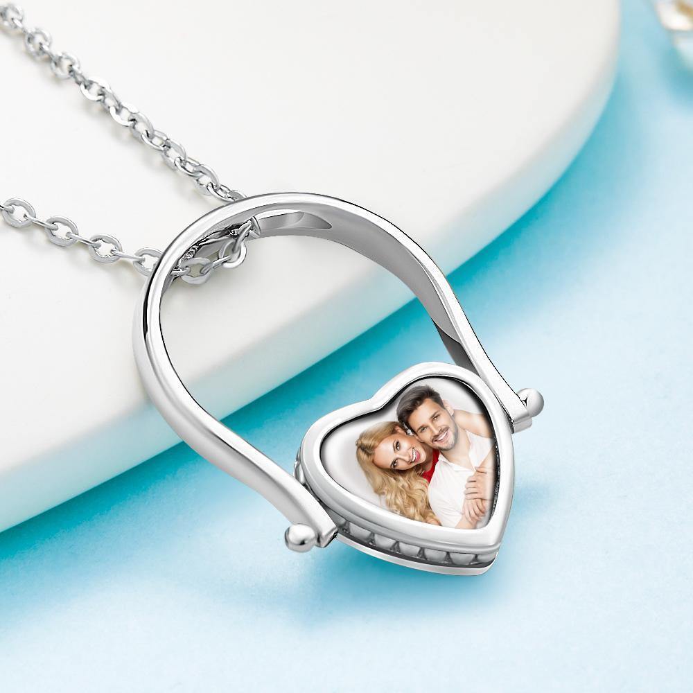 Photo Necklace, Photo Ring Heart-shaped Couple's Gifts Dual-use (Ring Size 5#) Silver