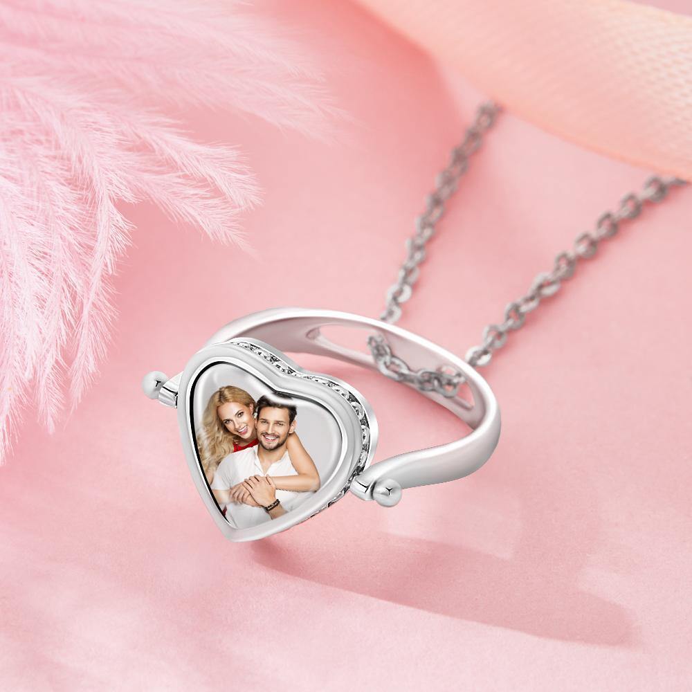 Photo Necklace, Photo Ring Heart-shaped Couple's Gifts Dual-use (Ring Size 5#) Silver