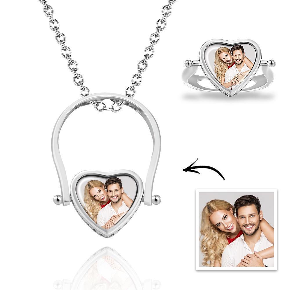 Custom Photo Necklace, Photo Ring Couple's Gifts Dual-use (Ring Size 5#) Rose Gold Plated