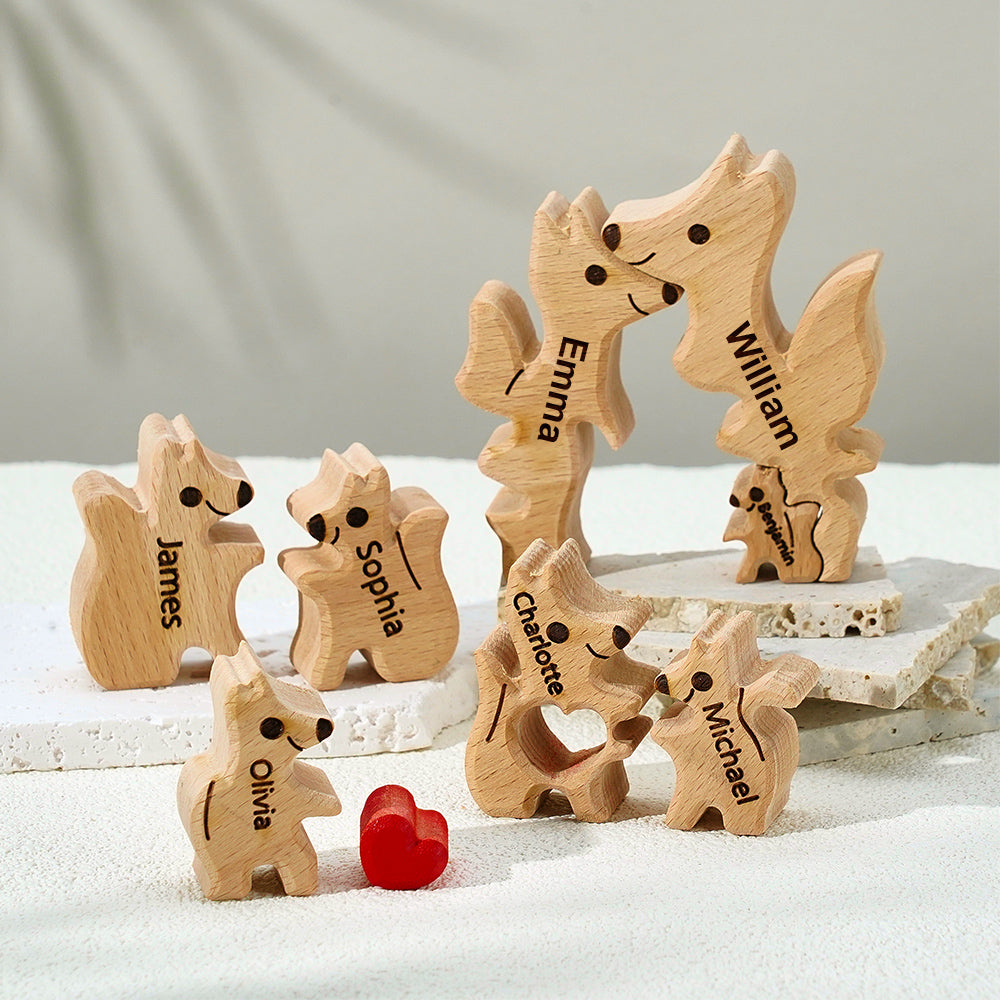 Personalized Wooden Fox Family Puzzle Custom Names House Warming Gifts Keepsake Mother's Day Gift For Kids