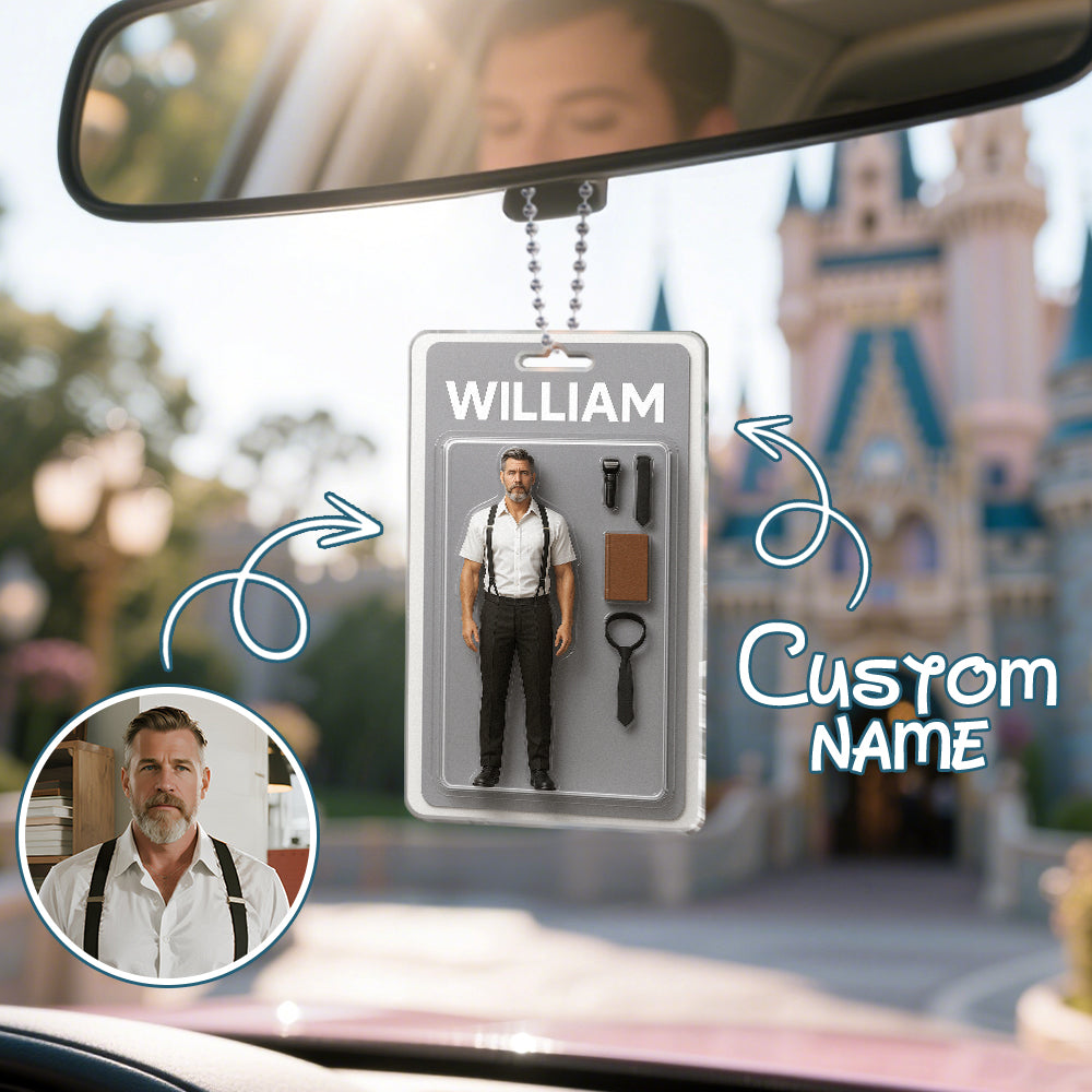 3D Effect Action Figure Pack Packaging Toy Box Style Art Gift Personalized Acrylic Car Hanger Gift for Dad Father's Day Gift