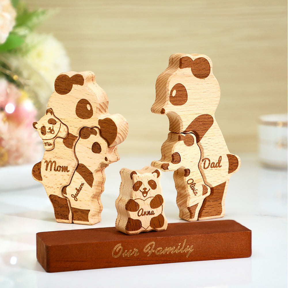 Custom Names Wooden Pandas Family Block Puzzle Home Decor Gifts
