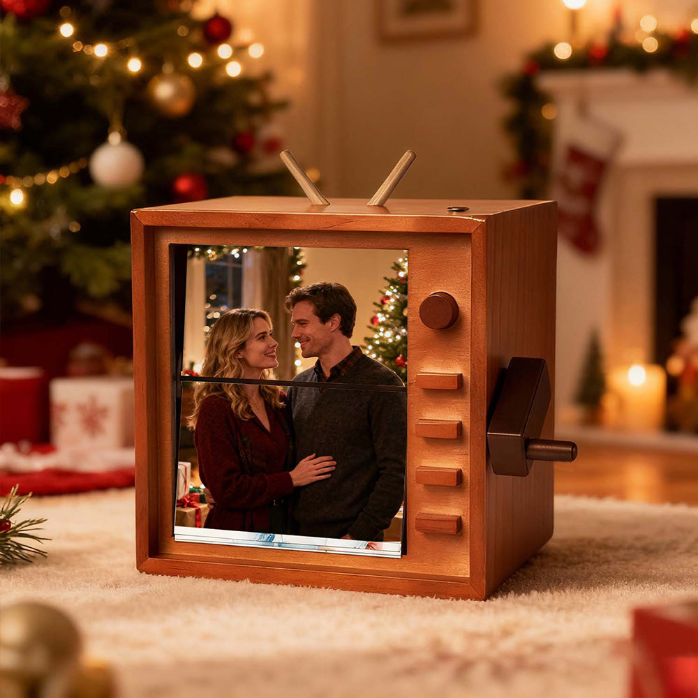 (16*16cm Large Size) Custom Photo Flipbook Frame Vertical Television Animation Machine Mechanical Hand-cranked Flipbook Box Photo Album with Light Christmas Gifts