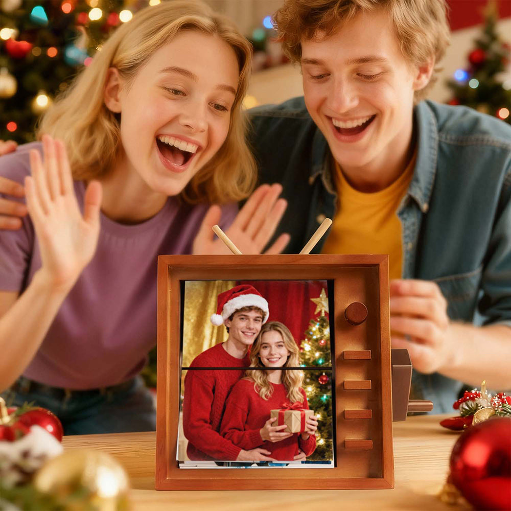 (16*16cm Large Size) Custom Photo Flipbook Frame Vertical Television Animation Machine Mechanical Hand-cranked Flipbook Box Photo Album with Light Christmas Gifts