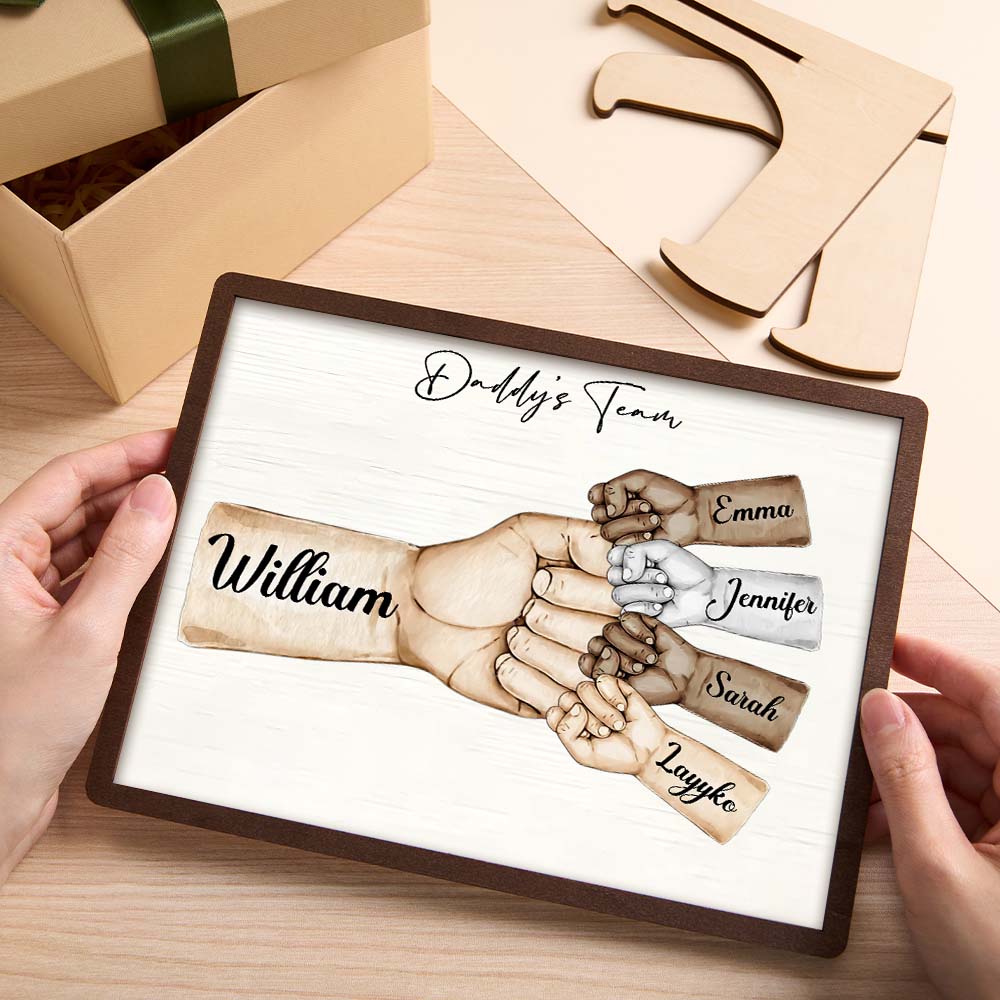 Custom Desk Decor Daddy's Team Fist Bump Personalized 2-Layer Wooden Plaque Creative Ornaments Father's Day
