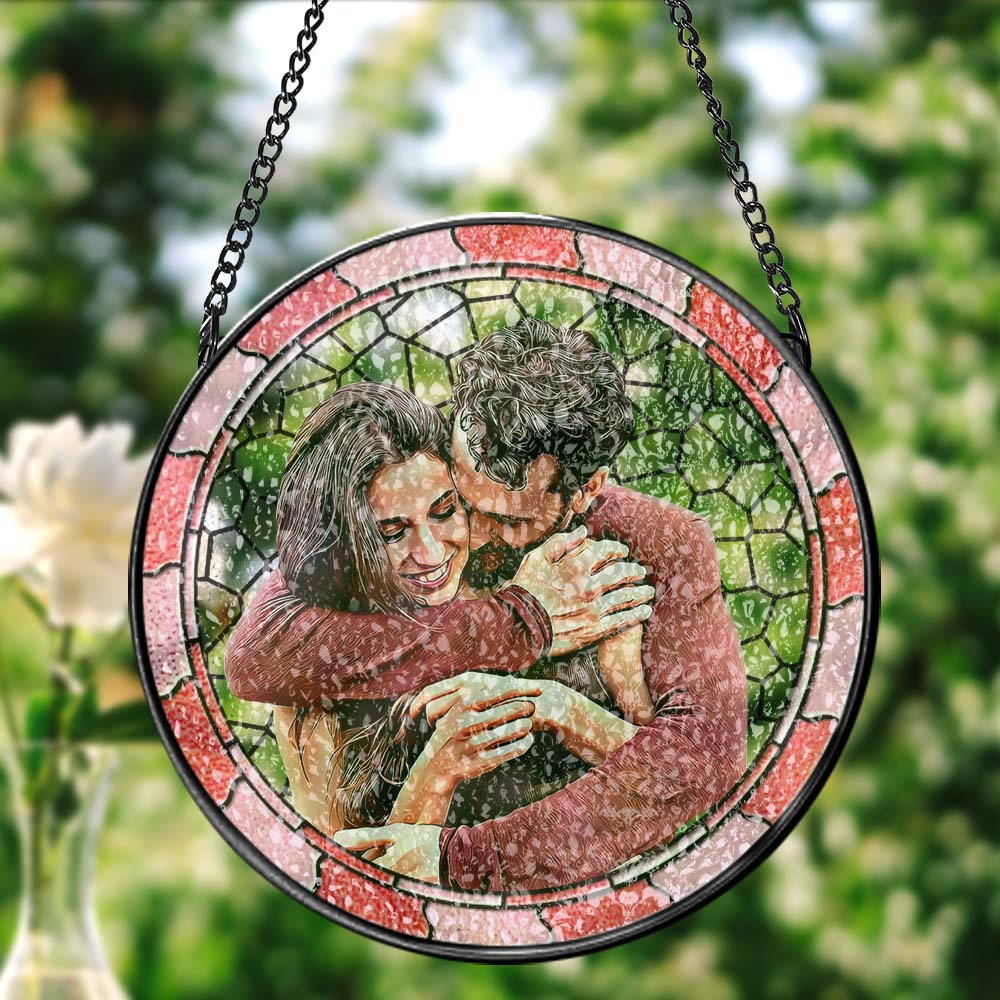 Custom Photo Where There Is Love There Is Life Couple Personalized Window Hanging Suncatcher Gift For Husband Wife Anniversary