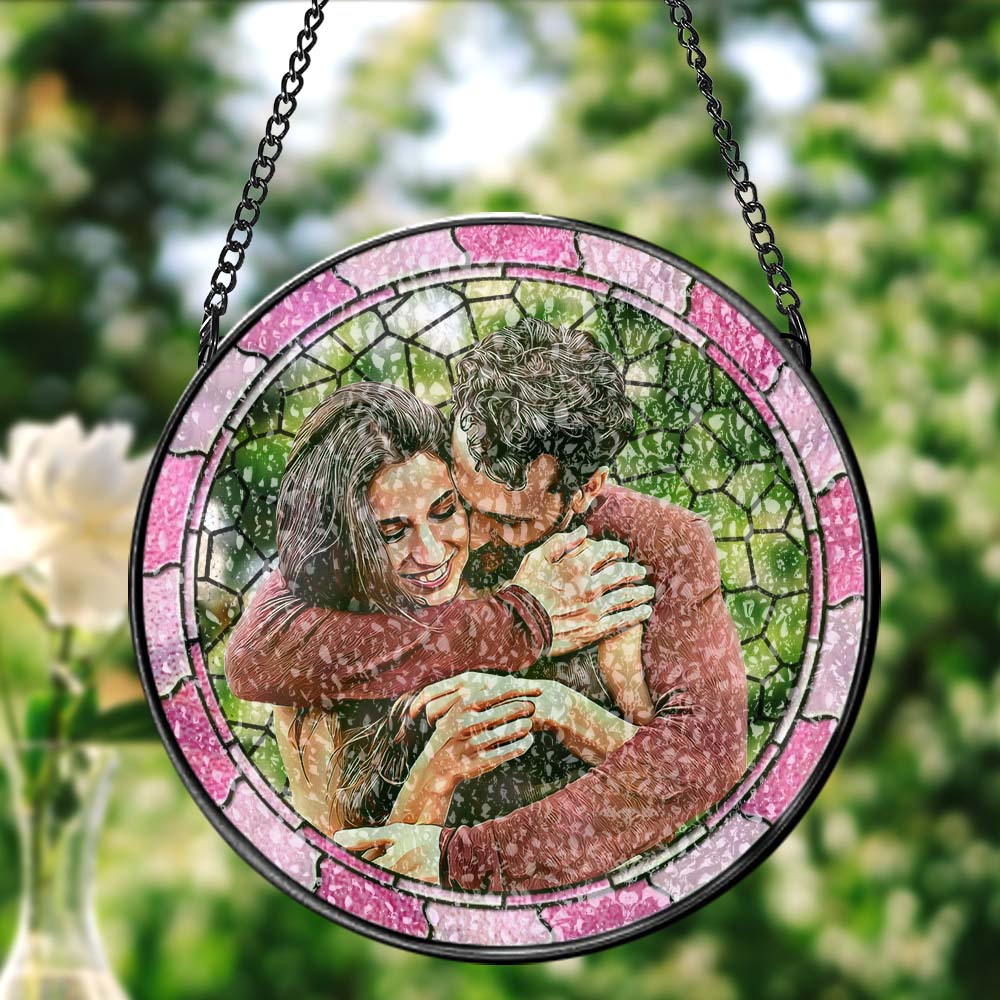Custom Photo Where There Is Love There Is Life Couple Personalized Window Hanging Suncatcher Gift For Husband Wife Anniversary