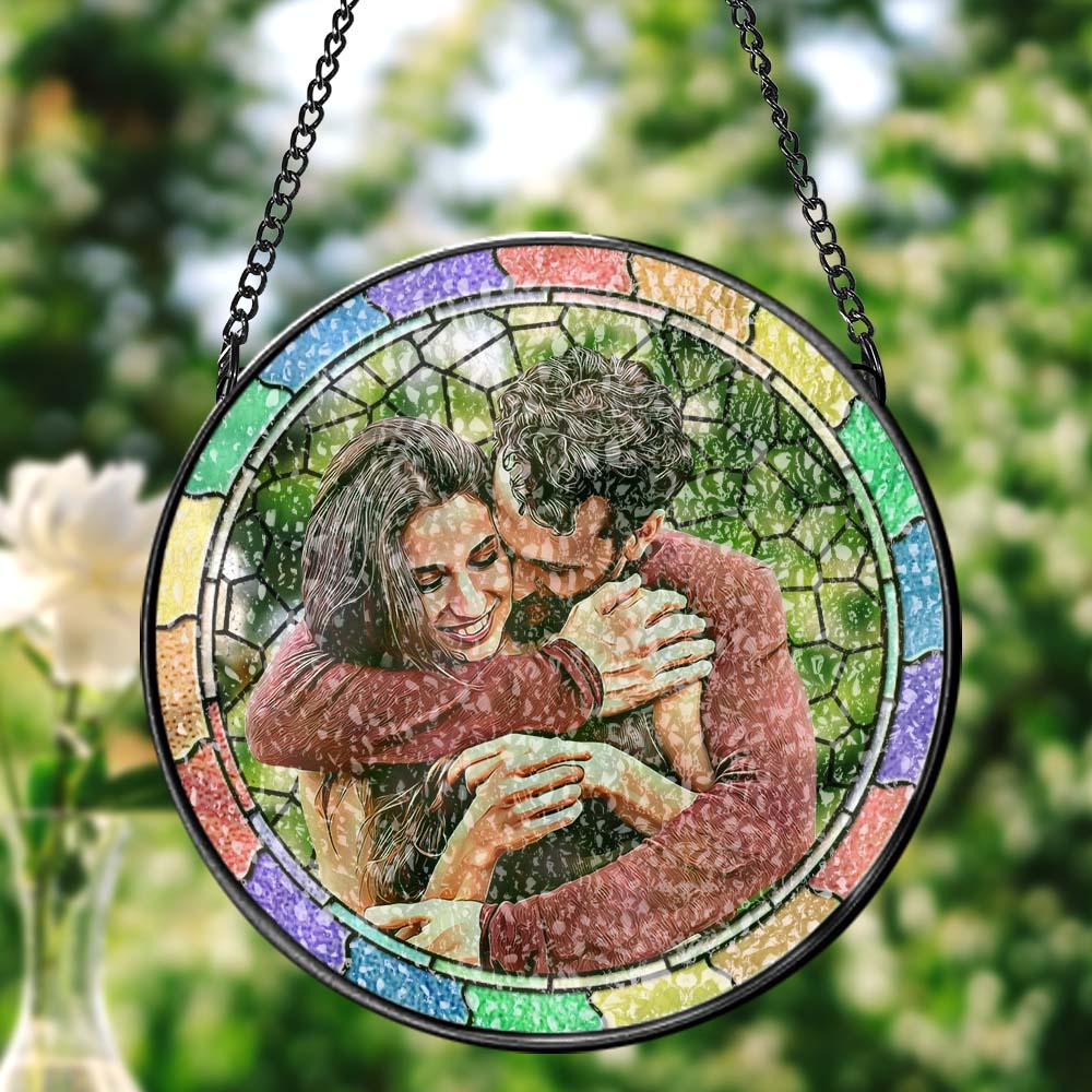 Custom Photo Where There Is Love There Is Life Couple Personalized Window Hanging Suncatcher Gift For Husband Wife Anniversary