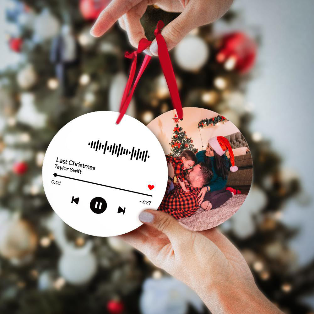 Gifts for New Year Scannable Music Code Ornaments Photo Hanging Ornament, Custom Music Song Photo Ornament White