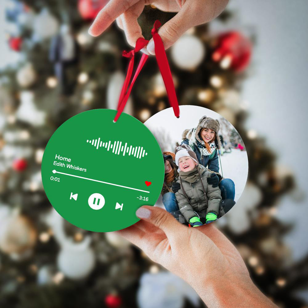 Scannable Music Code Ornaments Photo Hanging Ornament, Engraved Custom Music Song Ornament Green Happy New Year
