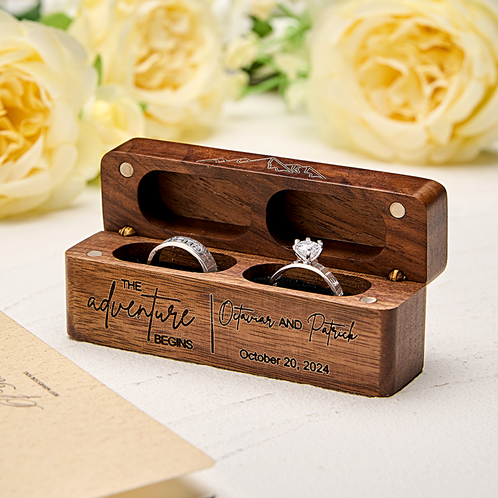 Personalized Rustic Engraved Wood 2 Rings Bearer Box with Date & Name Wedding Proposal Gift for Couple