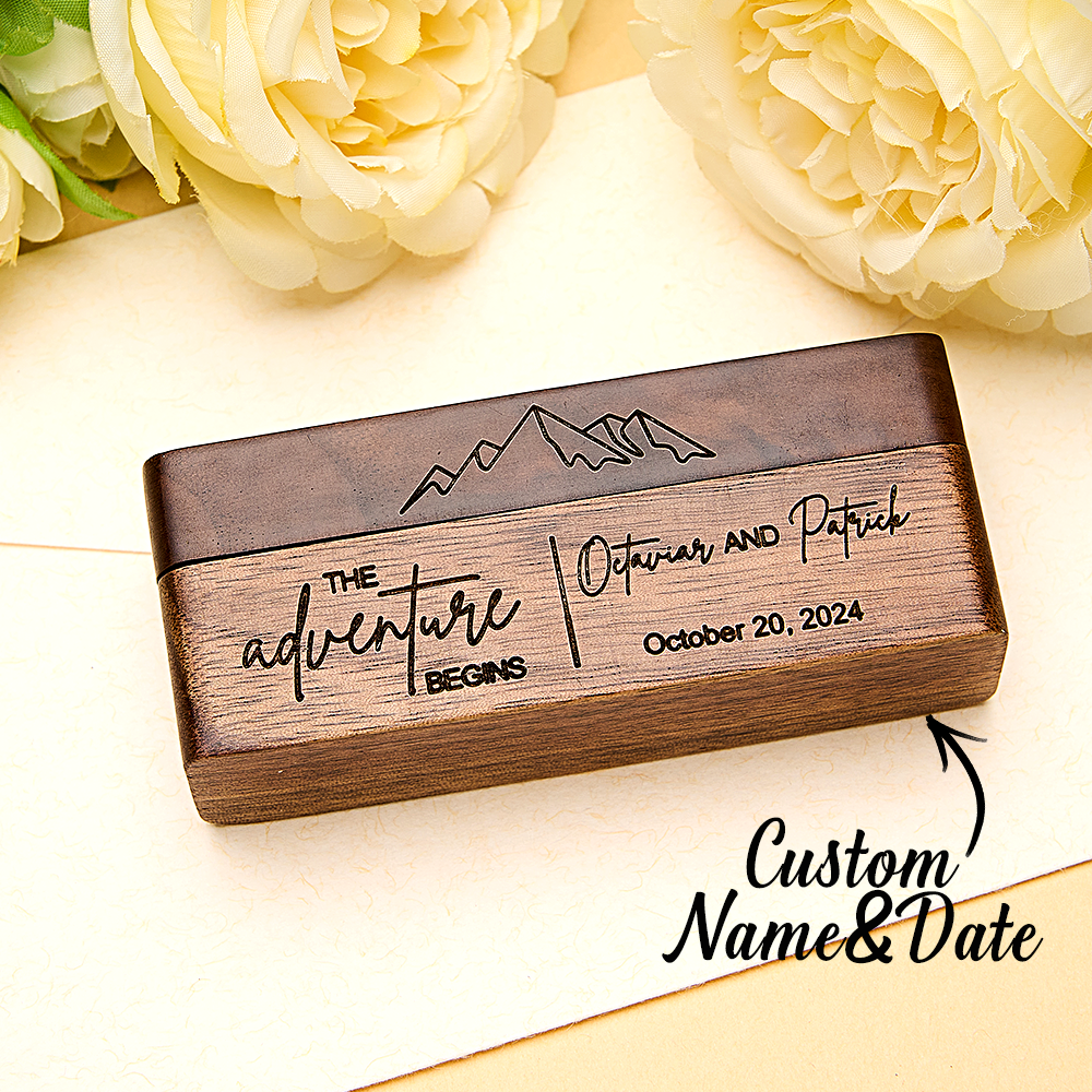 Personalized Rustic Engraved Wood 2 Rings Bearer Box with Date & Name Wedding Proposal Gift for Couple