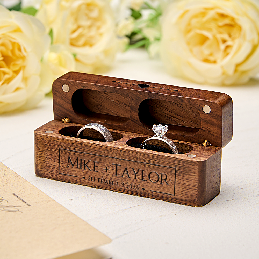 Personalized Engraved Wood Rings Bearer Box with Name and Date Wedding Proposal Gift for Couple