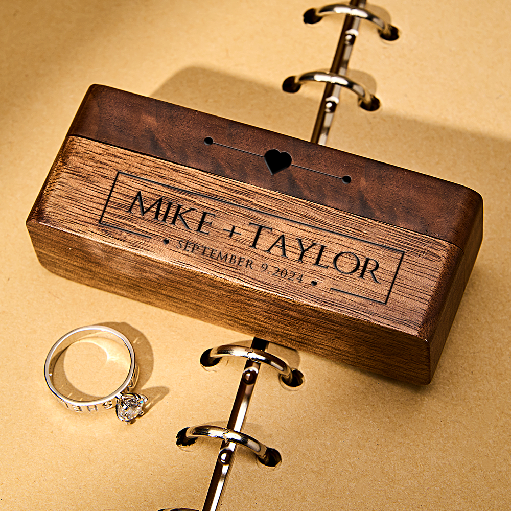 Personalized Engraved Wood Rings Bearer Box with Name and Date Wedding Proposal Gift for Couple