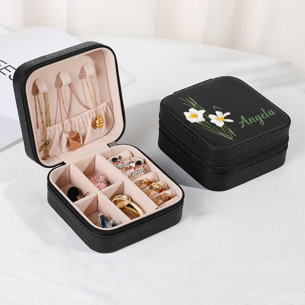 Personalized Name PU Leather Jewelry Box Birthflower Jewelry Organizer Gifts for Her
