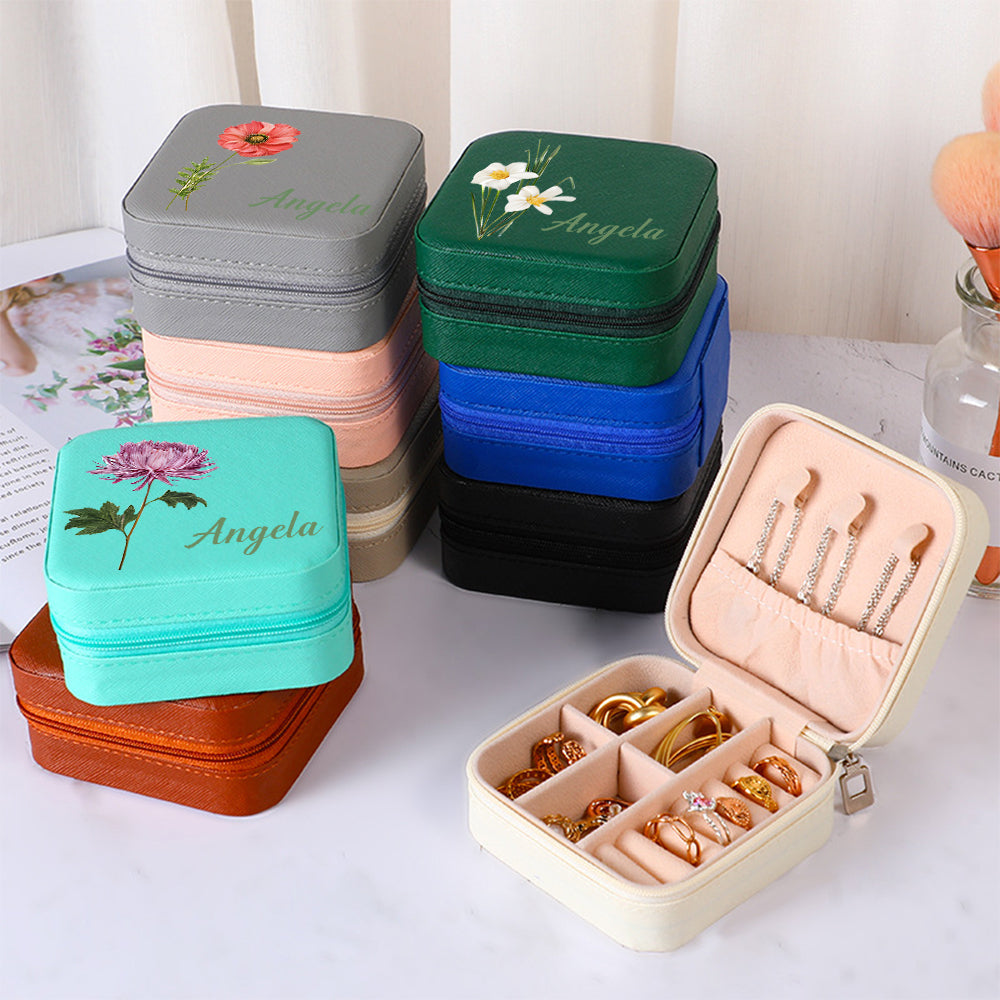 Personalized Name PU Leather Jewelry Box Birthflower Jewelry Organizer Gifts for Her